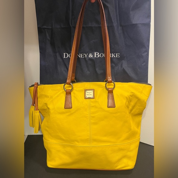Dooney & Bourke Handbags - Dooney & Bourke Bright Yellow Leather Tote with Brown Straps and Dust Bag